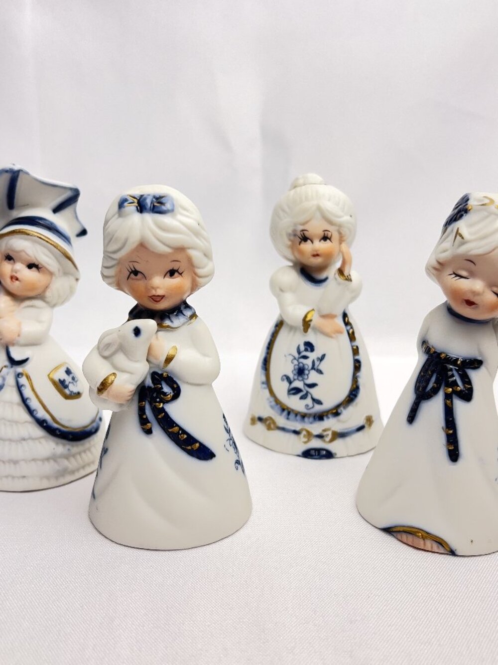 Set of 4 Jasco Porcelain Girl Vintage Bell Figurines Blue & White Gold Accents